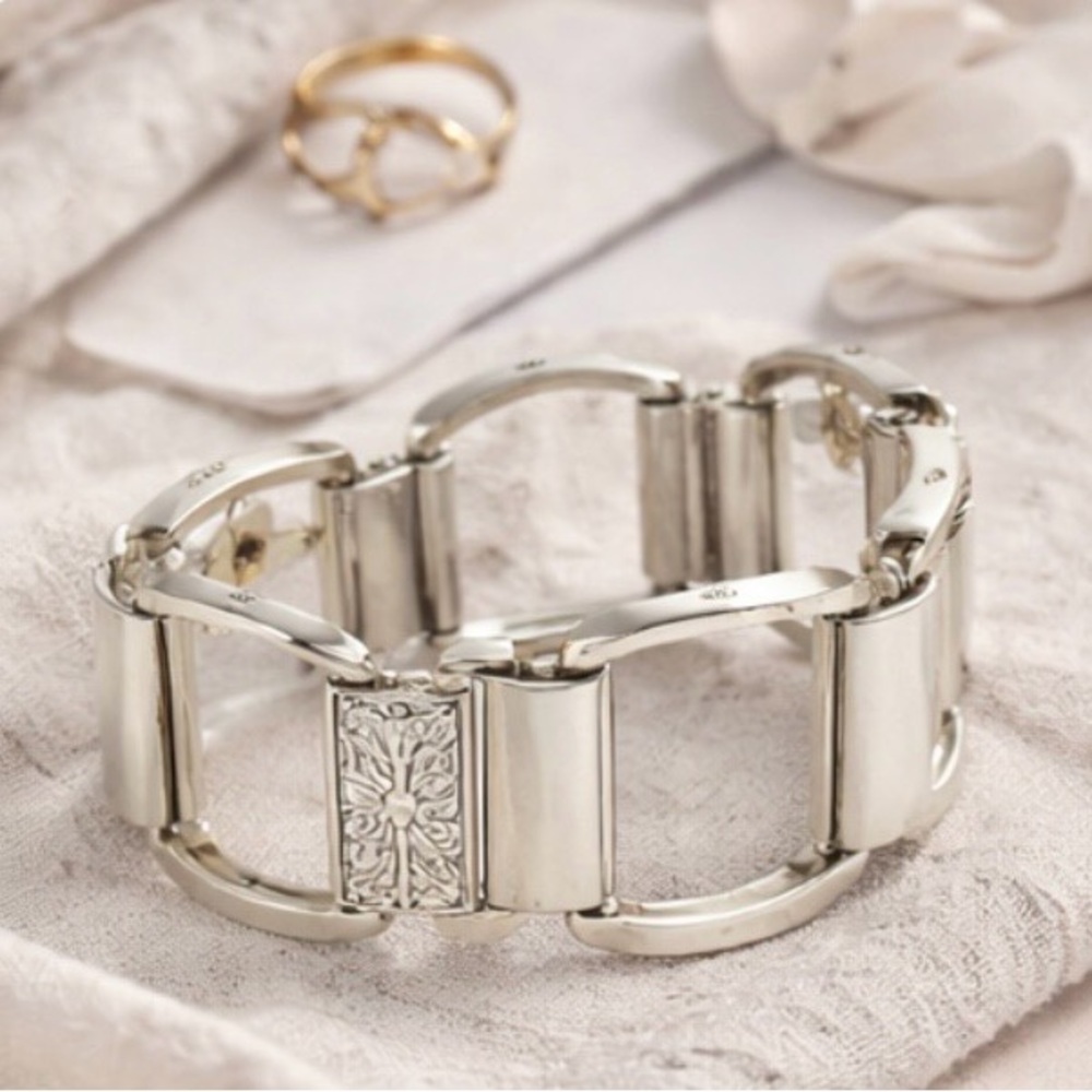 Brighton Silver Tone Link Bracelet Floral Hinged Panel Chunky Vintage Style